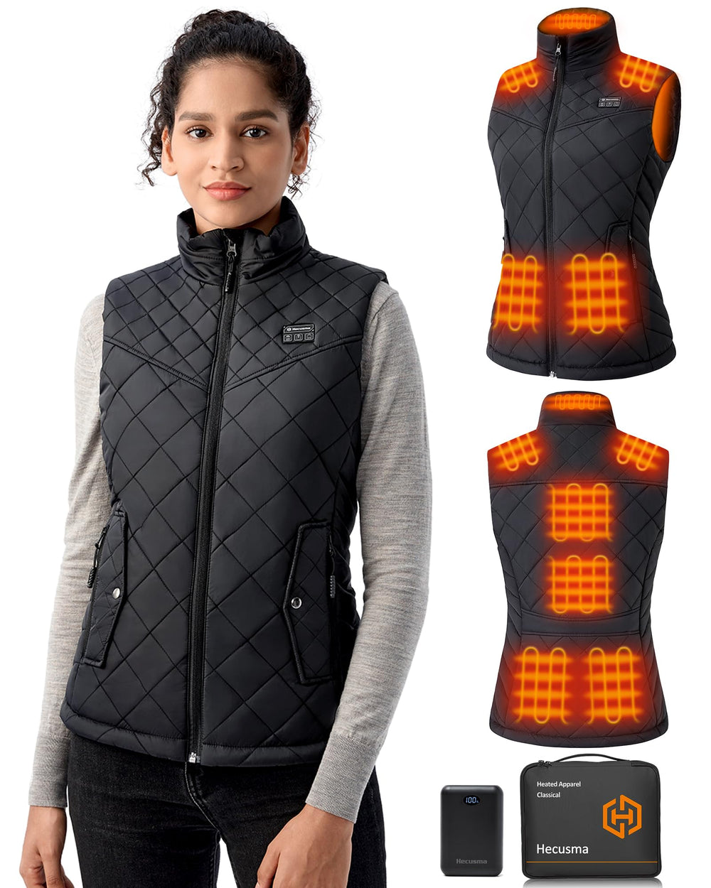 Hecusma Quilted Heated Vest Women, front view, stylish warmth for chilly commutes.