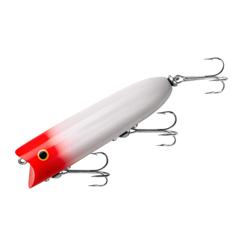 Heddon Lucky 13 Popper front view in red head for bass and pike.
