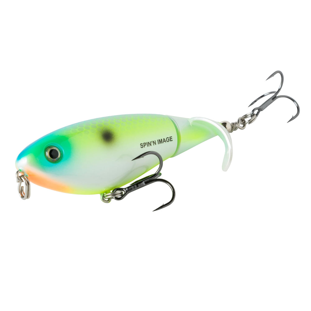 Heddon Spin'N Image citrus-silver body shows rotating-tail action for topwater bass