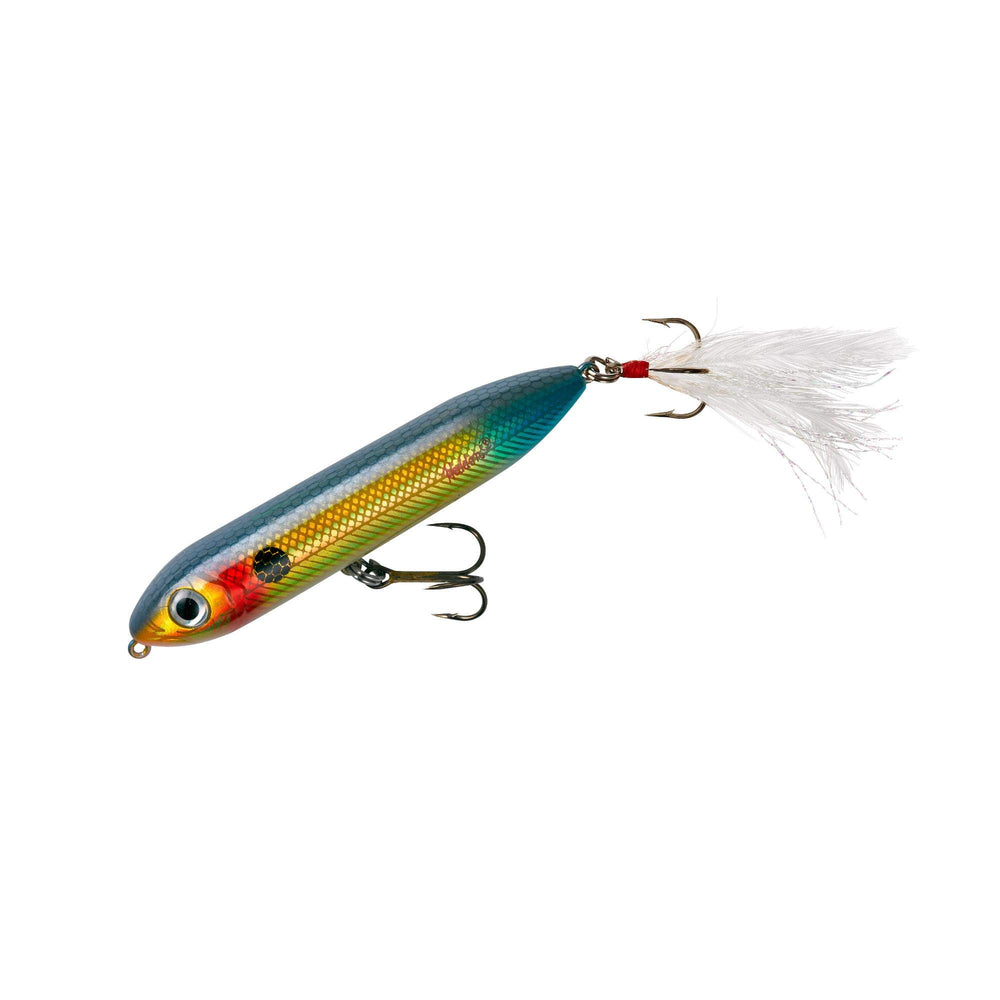 Heddon Super Spook Jr Wounded Shad lure profile; compact topwater design for surface strikes