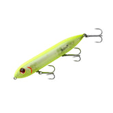 Heddon Super Spook topwater lure in chartreuse and silver for explosive surface strikes.