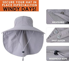 Adjustable chin strap and drawstring on hat