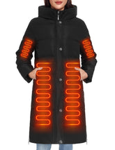HEEKPEK women's heated long down jacket front view showing warmth and style