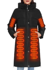 HEEKPEK women's heated long down jacket front view showing warmth and style