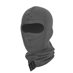 Helikon-Tex Balaclava Shadow Grey front view showing snug fit under goggles for outdoor use