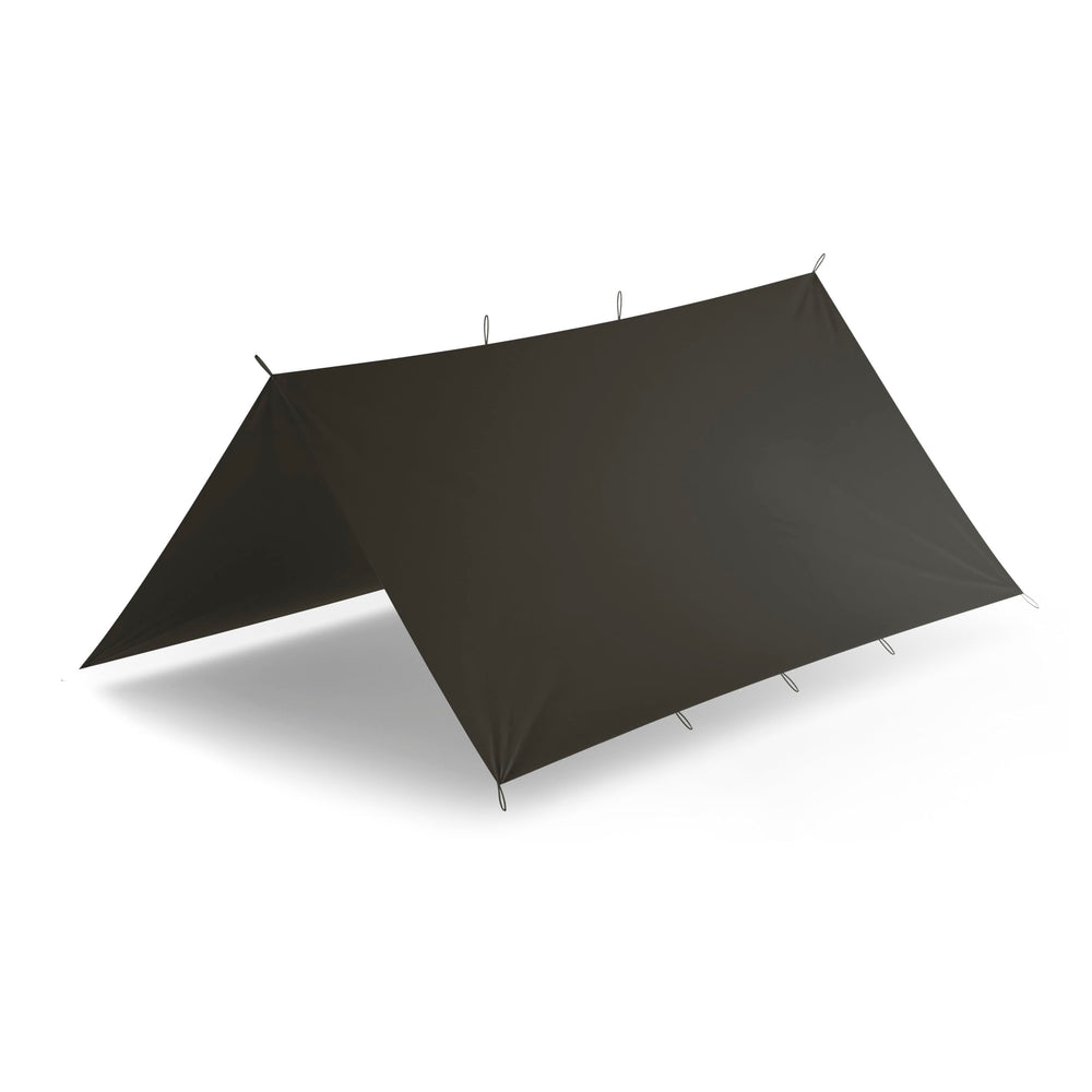 Helikon-Tex Supertarp Taiga Green setup shows a roomy shelter ready for rain protection.