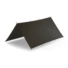 Helikon-Tex Supertarp Taiga Green setup shows a roomy shelter ready for rain protection.
