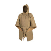 Helikon-Tex Swagman Roll packable poncho in coyote with quick shelter options.