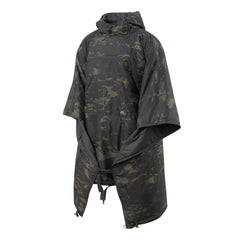 Helikon-Tex Swagman Roll Poncho black worn for rugged outdoor protection.