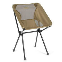 Helinox Café Chair Coyote Tan assembled for comfortable campground dining.
