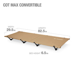 Helinox Cot Max folded in Coyote Tan highlights compact packing for travel and storage.