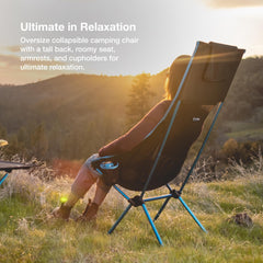 Helinox Savanna aluminum-frame chair demonstrating strength to support up to 320 pounds.