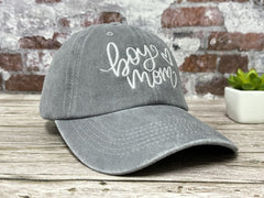 Close-up of embroidery on Washed Gray Hepandy mom hat