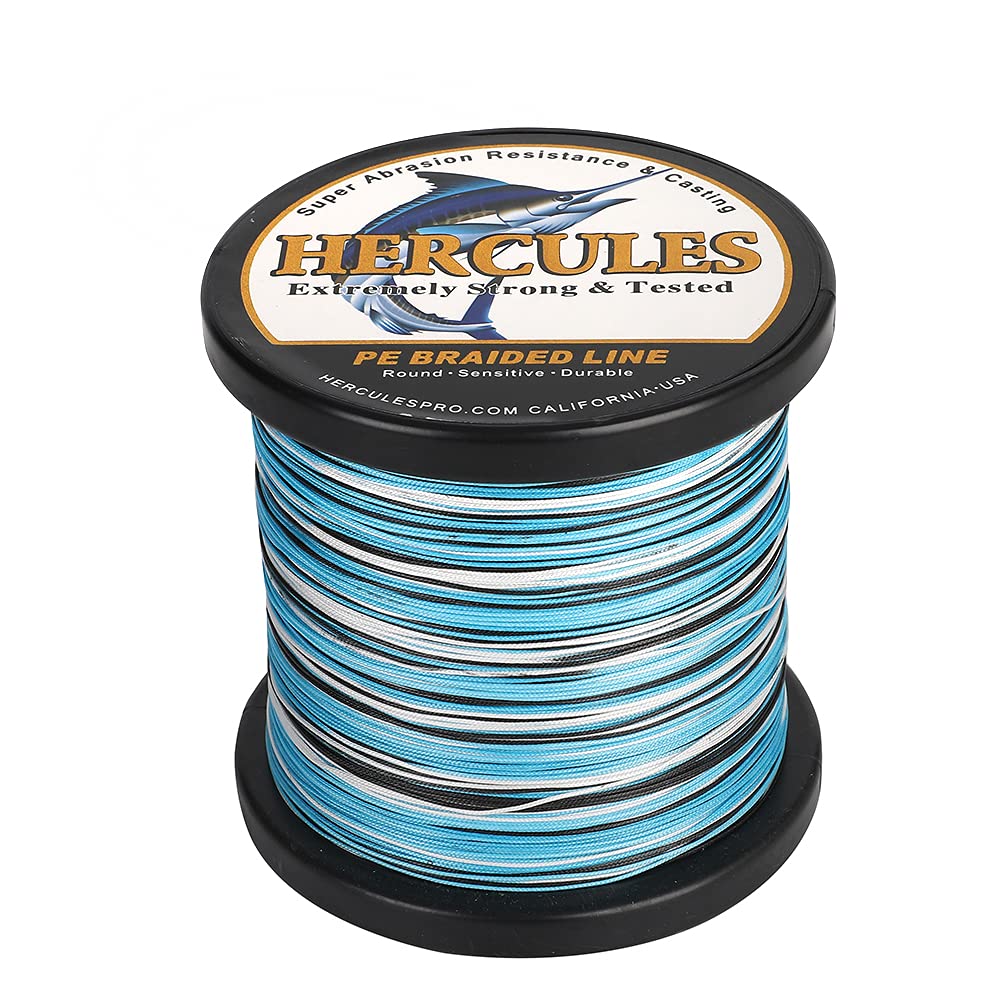 HERCULES braided line 12-strands on spool in camo blue finish for smooth casting.