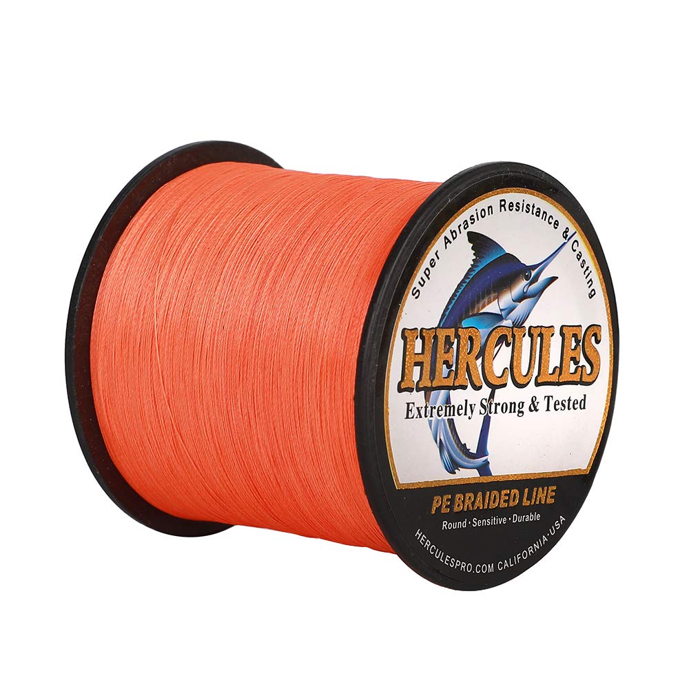 HERCULES braided line orange packaging close-up highlights four-strand construction.