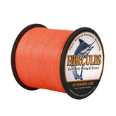 HERCULES braided line orange packaging close-up highlights four-strand construction.