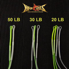 Pack view showing 4x20lb, 3x30lb, 2x50lb leader connectors in clear and hi-vis yellow