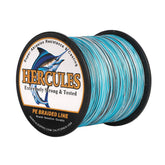 HERCULES Super Cast braided line in blue camouflage on a spool for long casts.