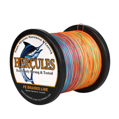 HERCULES Super Cast 500M spool closeup highlighting vibrant multi-color braid for visibility