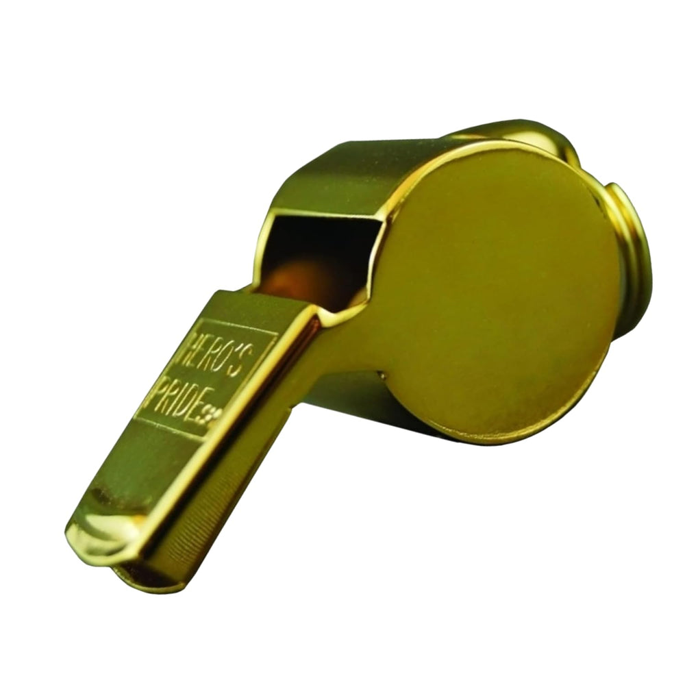 Hero's Pride standard-issue whistle with gold finish highlights durability for on-duty use.