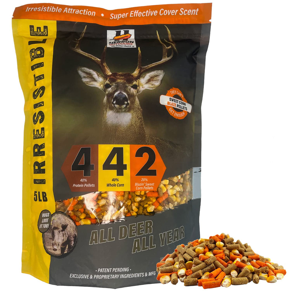 Herron Outdoors 4-4-2 deer feed bag front view attracting deer with blaze-orange pellets.