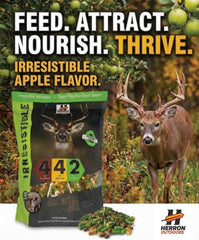Herron Outdoors sweet apple pellets container for enhanced deer attraction and nutrition.