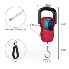 Close-up of HEETA digital hanging scale with hook and measuring tape