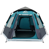 HEWOLF tent blue, instant pop-up front view for quick family shelter and easy setup.