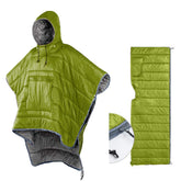 HI SUYI camp-poncho-wearing demonstrates backpacking warmth and hands-free comfort.