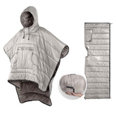 HI SUYI Camp Poncho worn as hooded blanket for outdoor warmth.