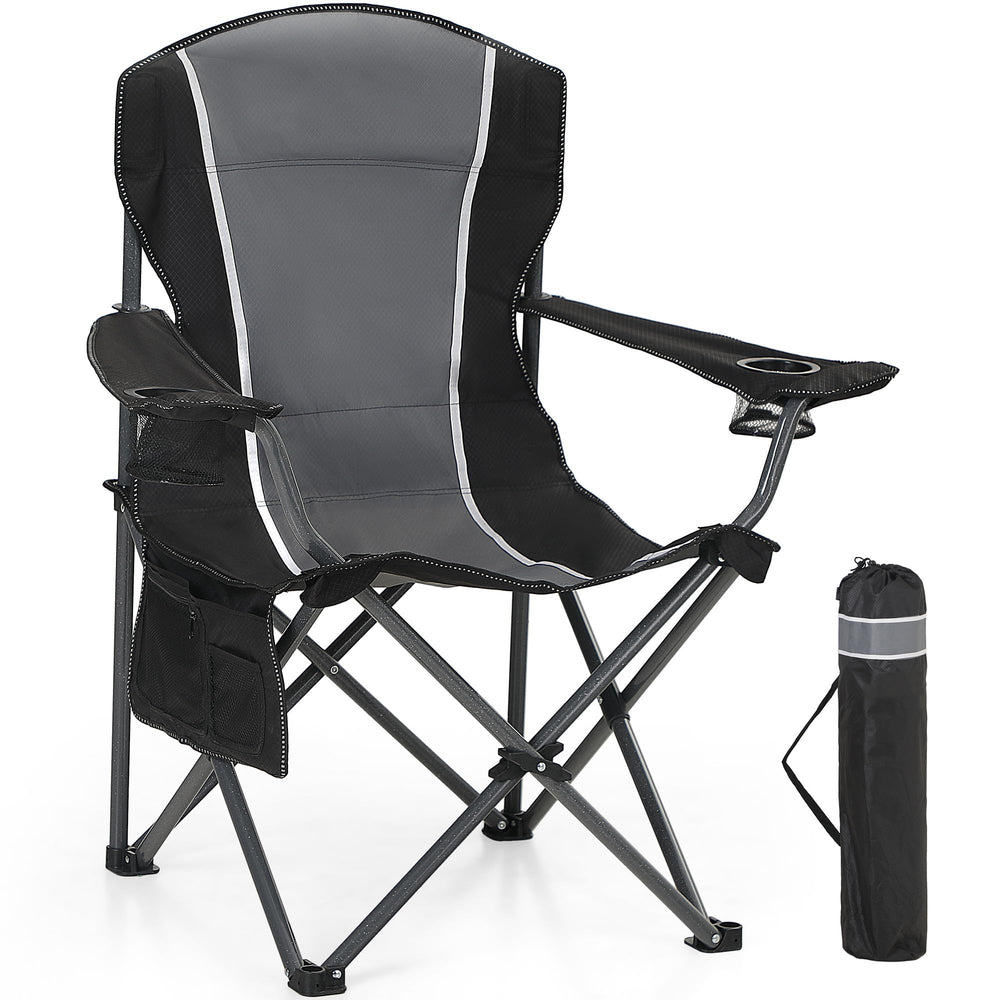 HIGH POINT SPORTS folding chair with cup holder for convenient drinks at the campsite.