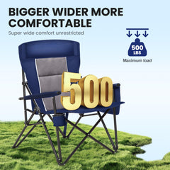 HIGH POINT SPORTS oversized blue camping chair cup holder close-up showing convenient access.
