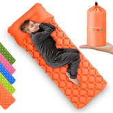 High Stream Gear kids sleeping pad orange inflated for cozy camp nights.