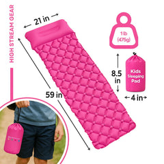 High Stream Gear kids sleeping pad pink inflated for camping with pillow