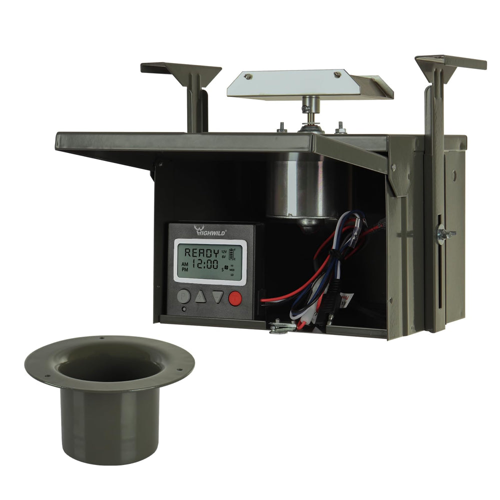 Highwild 12-Volt Deer Feeder Digital Power Control Unit mounted on barrel for precise feeding times.
