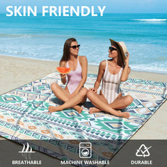 HIHOHO Beach Blanket laid flat on sand showing oversized space for family picnics.