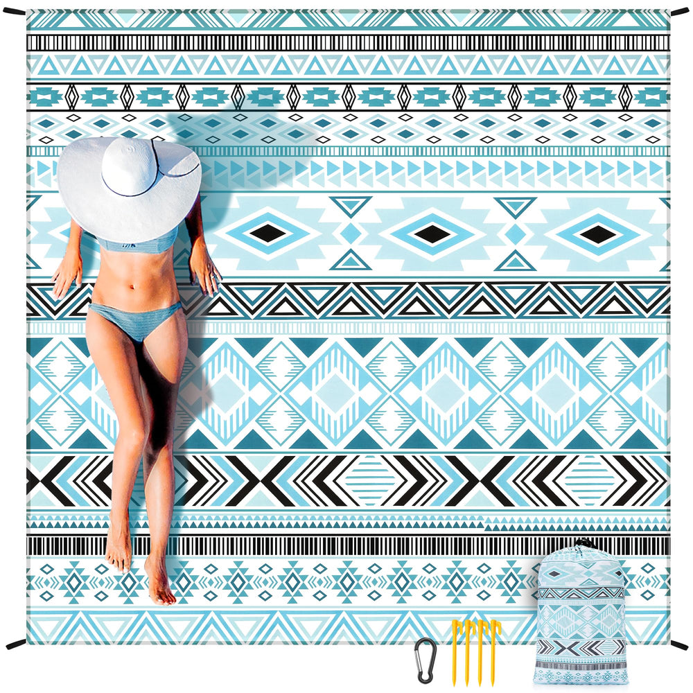 HIHOHO beach blanket spread on sand, highlighting sandproof and quick-dry performance.