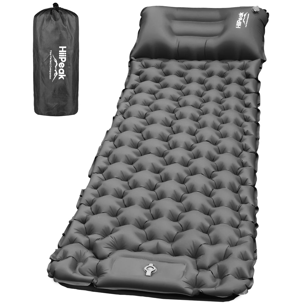 HiiPeak sleeping pad hexagon air cells with pillow provide ergonomic support on uneven ground.