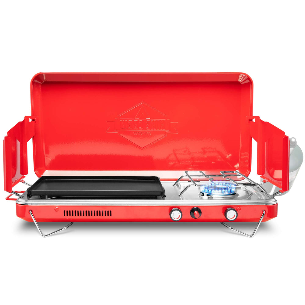 Hike Crew 2-in-1 stove and griddle burner top enables versatile outdoor cooking.