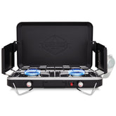 Hike Crew gas camping stove with two burners ready for outdoor cooking versatility.