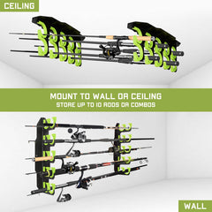 Hikeen 10-rod capacity rack neatly stores tackle-ready rods and combos.