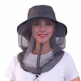 Front view of HIKERBRO Mosquito Net Hat in grey with a wide brim