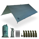 HIKERGEARS camping tarp 10x10 setup between trees for quick shelter