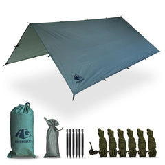 HIKERGEARS camping tarp 10x10 setup between trees for quick shelter