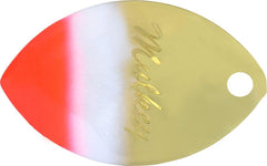 Hildebrandt Yakima Mulkey's mini guide flash spinner blade in brass with white-red top for trolling, boosting visibility.