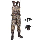 HISEA chest waders outer view shows rugged camo bootfoot construction for outdoor use