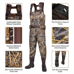 HISEA hunting waders neoprene leg design offers flexible movement in marshy environments.