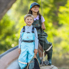 HISEA Kids Chest Waders with waterproof boot attachment ensuring dry feet during streams.