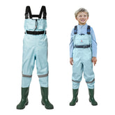 HISEA Kids Chest Waders front view, lightweight Nylon/PVC for comfy puddle play and quick drying.