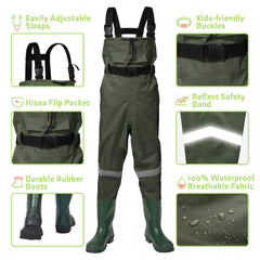 HISEA kids chest waders show adjustable suspenders for easy on/off and secure fit.